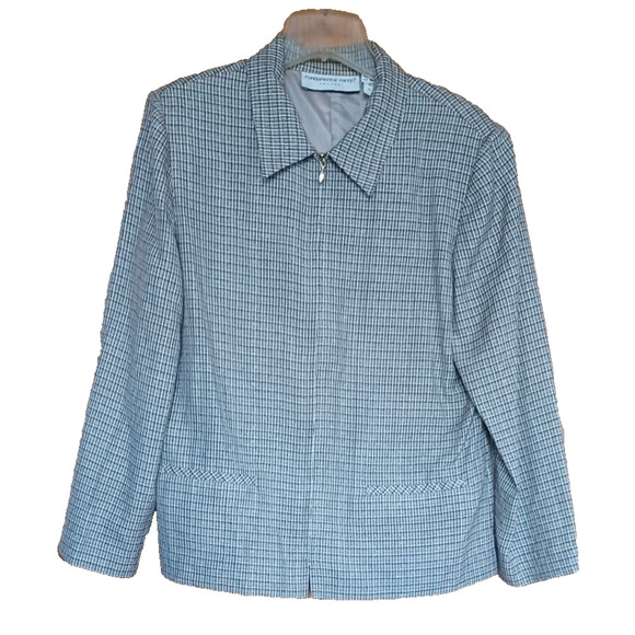 Vintage FUNDAMENTAL THINGS Women's Beige Plaid Zip up Blazer Size 14P Academia - Picture 1 of 7